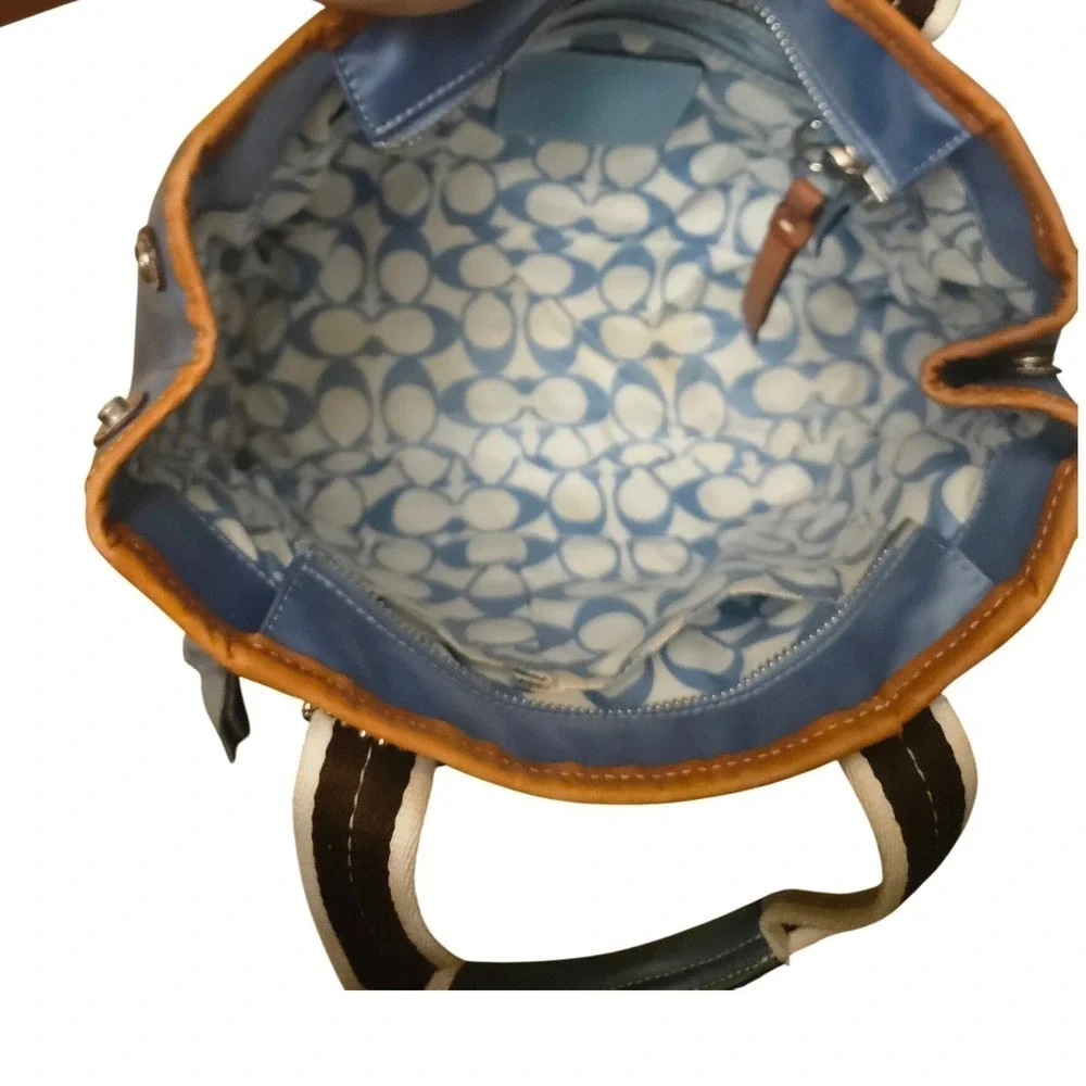 Coach Blue Nylon Leather Trimmed Satchel Handbag Designer Purse